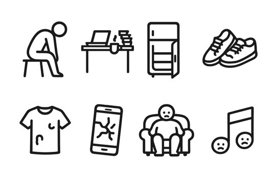 Loser Lifestyle Icons. Outline icon set of loser lifestyle: slouched figure, messy desk, empty fridge, worn shoes, old clothes, broken phone, couch potato, sad