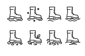 Obraz premium Military Boots Icons. Outline icon set of military boots environmental adaptations: mud, snow, sand, water, rocky terrain, forest floor, urban rubble, desert