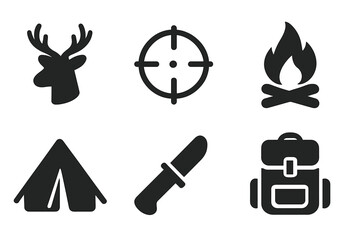 Fototapeta premium Hunting Gear Icons. Solid, filled icon set of hunting targets: deer silhouette, rifle scope, tracks, campfire, tent, hunting knife, binoculars, backpack. [Line