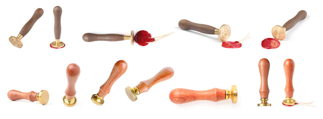 Wax stamps and red seals isolated on white, set