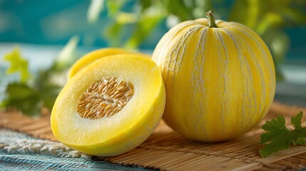Ripe, vibrant yellow cantaloupe, halved, showcasing seeds, on wood mat