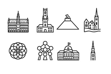 Naklejka premium Belgian Icons Outline. Outline icon set of Belgian landmarks: Grand Place, Belfry tower, Waterloo battlefield, Bruges canals, Ghent castle, Atomium, Royal