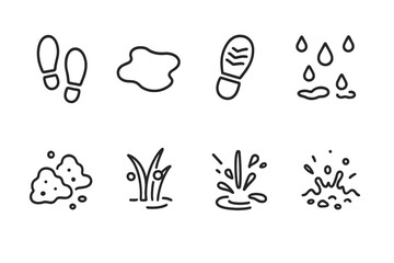 Obraz premium Outline Icon Sets. Outline icon set of wet ground: wet footprints, water puddle, mud, rain drops, shoe print, grass with dew, water splash, wet soil. [Line