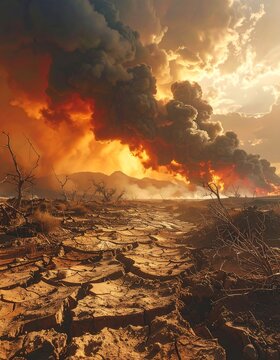 Devastating scene Scorched earth under a fiery, smoke-filled sky