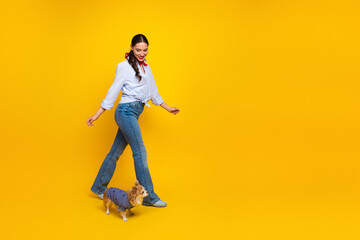 Young female walking with adorable dog on vibrant yellow background showcasing style and happiness