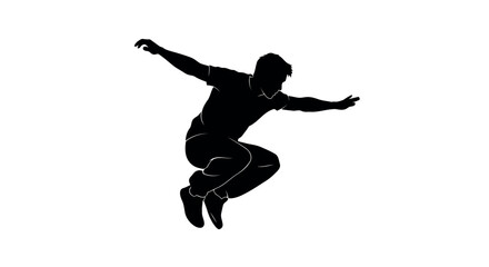 Silhouette of a man performing a dynamic parkour jump with arms outstretched on a white background action