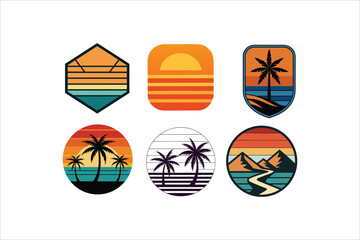 Retro Sunset Summer Badges Set - Vintage Beach and Tropical Island Logo Collection for T-Shirt Print, Sticker, and Outdoors Design