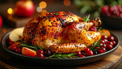 Roasted chicken with golden crispy skin, rosemary herbs, red cranberries and apples on platter.