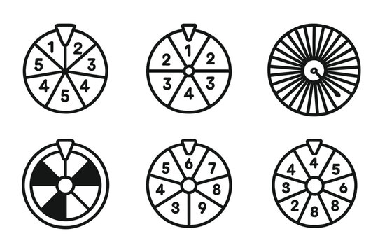 Segmented Number Wheel Icons. Outline icon set of segmented number wheel: numbered sections, spinning pointer, dial divisions, prize wheel, roulette style