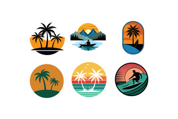 Tropical Sunset Beach Logo Bundle | Palm Tree, Surfing, Kayak, Summer Vacation Vector Set