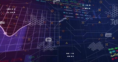 On load connectors crisscrossing, charts sweeping, labels popping, displaying financial data - Powered by Adobe