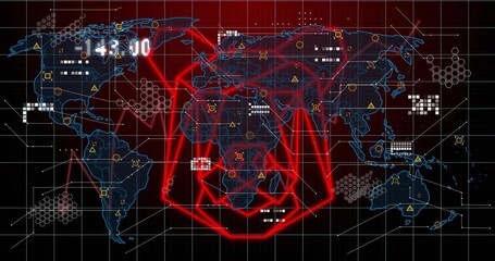 Grid expanding digital map visualizing global data, showing target over Africa, updating numbers - Powered by Adobe