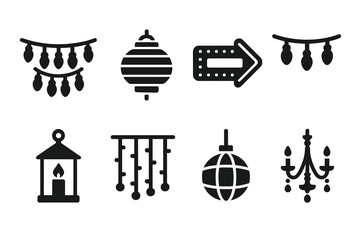 Fototapeta premium Decorative Lighting Icons. Solid, filled icon set of decorative lighting: fairy lights, paper lantern, neon sign, string lights, candle lantern, light curtain,