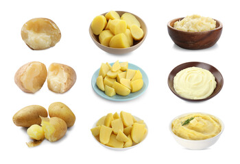 Bland food taste. Baked, boiled and mashed potatoes isolated on white, set