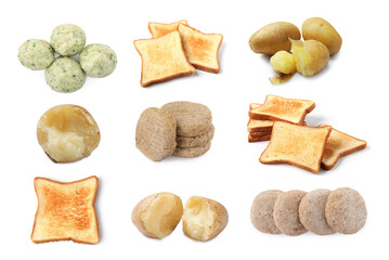 Collection of foods with bland taste isolated on white, set