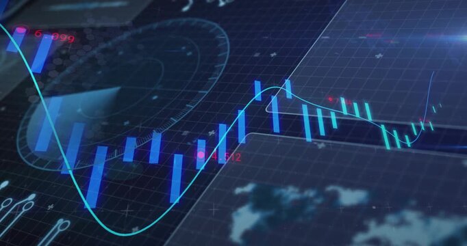Interface loading driving oscillating candlesticks, neon line graph sweeping for trend insight