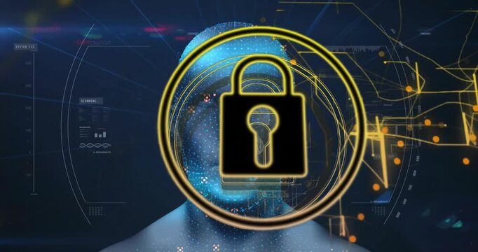 Particles coalescing behind gold padlock forming head, golden lines encircling ring completing scan