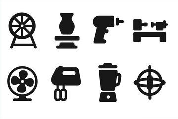 Spin Tools Icons. Solid, filled icon set of spin tools: spinning wheel, pottery wheel, drill, lathe, fan, mixer, blender, gyroscope. Solid, filled icons in