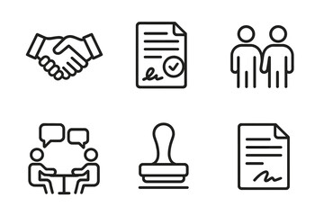 Business Icon Set. Outline icon set of deal elements: handshake, signed contract, money transfer, partnership, negotiation, agreement stamp,