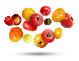 Different fresh tomatoes falling against white background