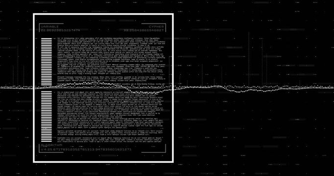 Square outline appearing code text fading waveform bulging bars rising for insight