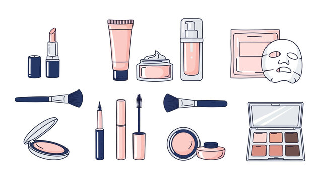 A Collection of Essential Makeup Products Including Lipstick Foundation Cream Brushes and Eye Palettes For Daily Beauty Routines