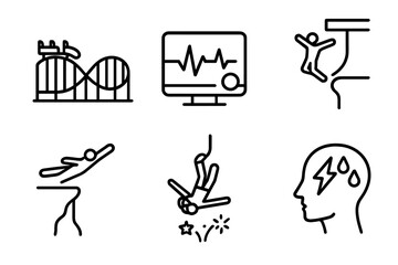 Thrill Icon Set. Outline icon set of thrill: roller coaster, heart rate monitor, cliff diving, bungee jumping, skydiving, fast car, fireworks, adrenaline rush.