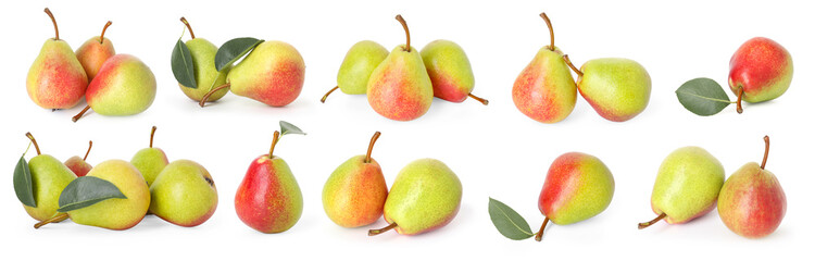 Fresh sweet pears isolated on white, set