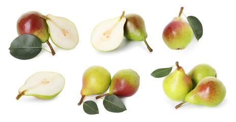 Fresh green pears isolated on white, set. Whole and sliced