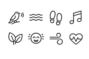 Romantic Walk Sounds Icons. Outline icon set of romantic walk sounds: bird chirping, gentle waves, footsteps, soft music, rustling leaves, distant laughter,