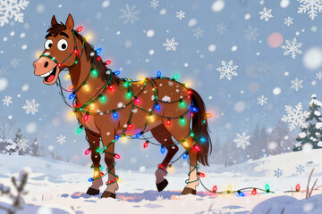 Cheerful cartoon horse tangled in colorful Christmas lights, standing in a snowy winter landscape with falling snowflakes and a joyful expression
