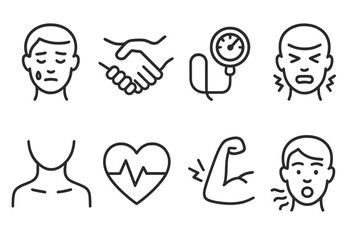 Fototapeta premium Physical Stress Icons. Outline icon set of physical stress signs: sweating, shaking hand, raised blood pressure gauge, clenched jaw, tense neck, pounding