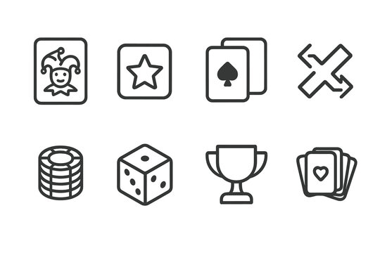 Casino Icon Set. Outline icon set of wildcard symbols: joker card, wildcard icon, playing cards, shuffle deck, poker chips, dice, trophy cup, card hand. Line