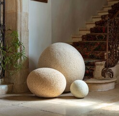 Three textured stone spheres, varying in size, are displayed within a light-filled interior space, casting subtle shadows.
