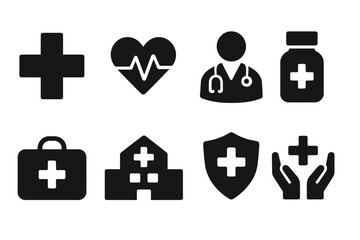 Health Recovery Icons. Solid, filled icon set of health recovery: medical cross, heart pulse, doctor figure, medicine bottle, first aid kit, hospital building,