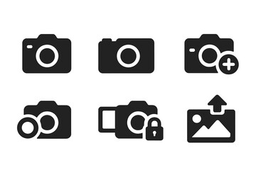 Camera Action Icons. Solid, filled icon set of camera actions: take photo, record video, zoom in, zoom out, change lens, flip screen, focus lock, upload image.