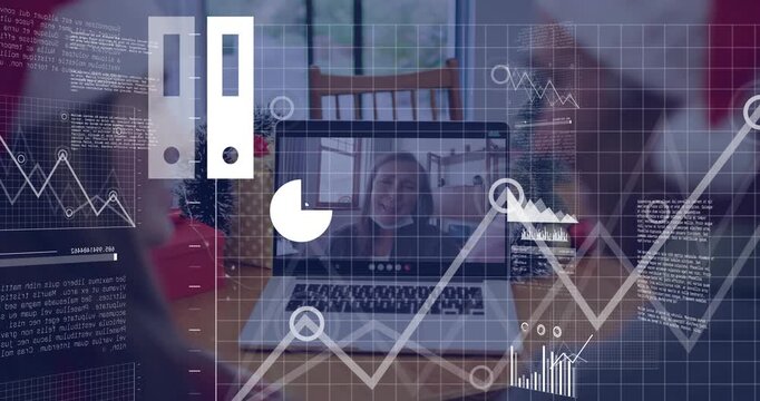 Senior man and woman clicking cloud upload icon viewing animated charts during holiday tech call