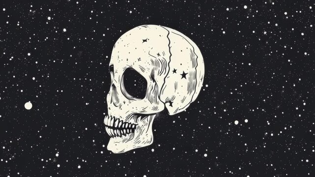 A stylized skull with bold lines on a starry background for a playful Halloween theme. Halloween