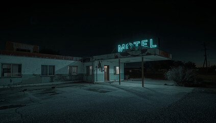 An old four room roadside motel. It is a dreary dirty night. The building is decrepit. It is not a very enticing place to be. 
