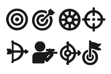 Target Icon Set. Solid, filled icon set of target symbols: bullseye, arrow hitting center, dartboard, crosshair, scope, archery bow, sniper, goal flag. [Line
