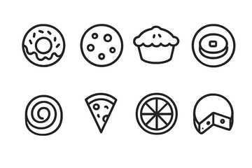 Circular Food Icons. Outline icon set of circular food items: doughnut, cookie, pie, pancake, sushi roll, pizza slice, citrus slice, cheese wheel. Line icons