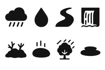 Rainy Day Icons. Solid, filled icon set of rain-related natural elements: rain cloud, water droplet, river, waterfall, moss, wet stone, rain-soaked tree, rain
