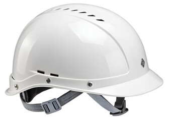 Fototapeta premium White safety hard hat with vents and chin strap on black background safety helmet construction