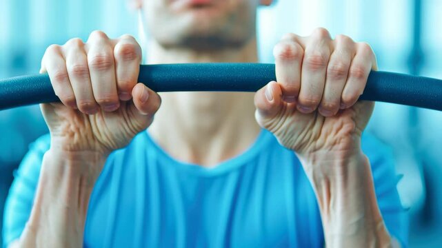 Strong grip pull up bar male athlete workout fitness training focus strength exercise hand closeup determination blue shirt gym muscular arms indoor