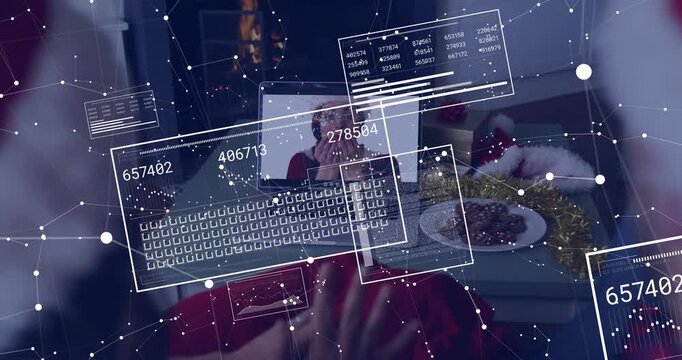 User holding cookie tray connecting call laptop, network animating holiday panels sharing cookies