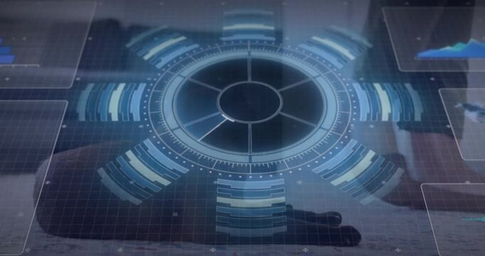 Gloved hand sliding in and summoning rotating holographic tech chart with data panels for analysis