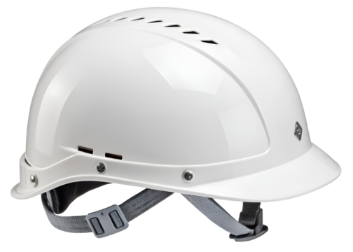 White safety hard hat with vents and chin strap on black background safety helmet construction