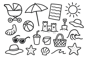 Family Beach Essentials. Hand-drawn doodle illustration Family beach trip stroller, umbrella, towel, ball, sandcastle, shovel, bucket, hat, sunglasses, drink