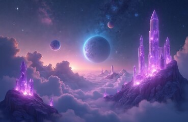 Naklejka premium Cosmic landscape artwork celestial crystal structures floating above clouds among planets, sparkling stars. Fantasy universe illustration with neon glow, dreamy atmosphere. Digital art creates