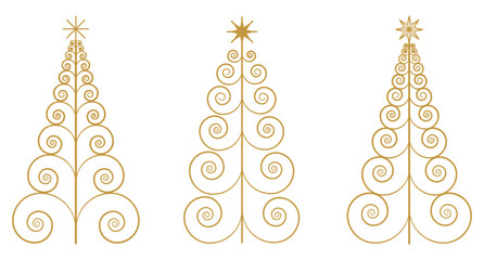 Set of Elegant Abstract Golden Swirl Christmas Tree Icon